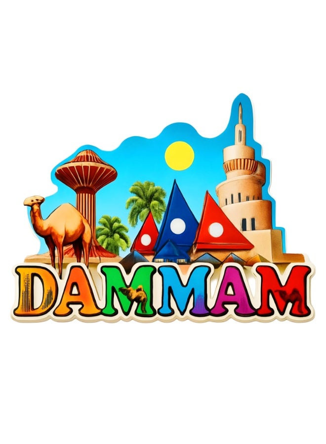 Dammam Ceramic Fridge Magnet – Saudi Arabia Souvenir Featuring Water Tower, Camel, Palm Trees & Desert Tent – Handcrafted Travel Gift for Tourists, Collectors & Expats – Decorative for Refrigerator, - Image 1